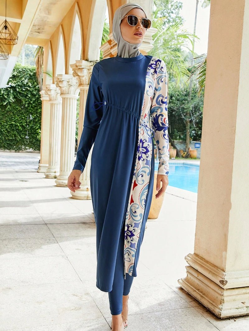 Women's 3 - Piece Printed Splicing Modest Burkini Set, Including Top, Bottoms And Covering, Suitable For Swimming Pool, Beach, Surfing And Sun Protection. (MB018) - Mariam's Collection