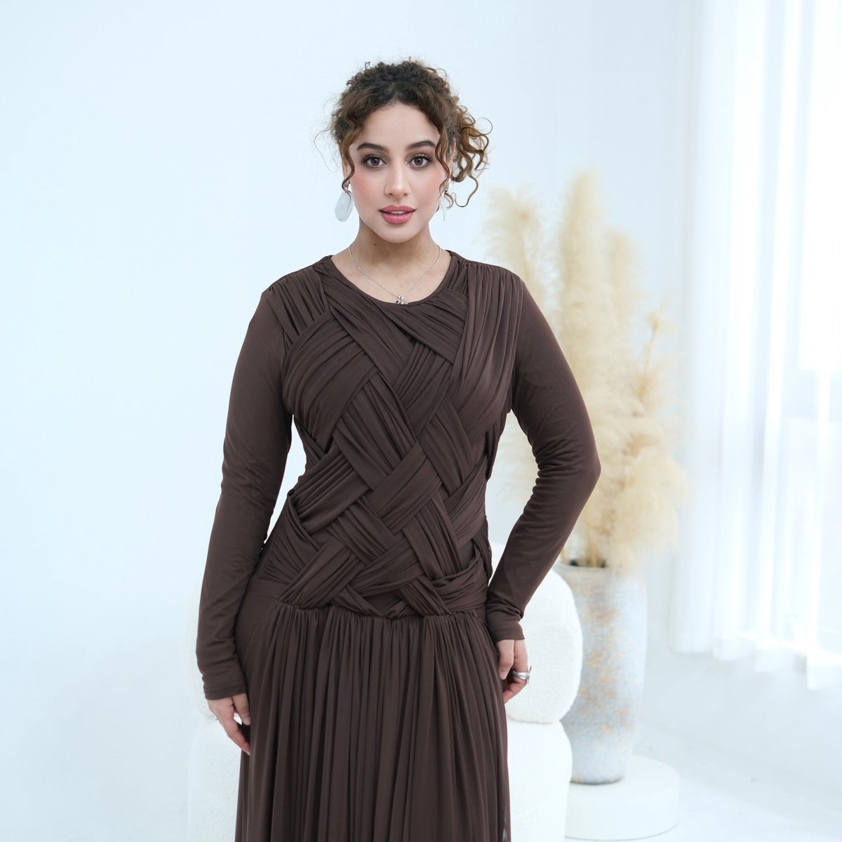 Full-length view of modest mesh maxi dress with body-skimming stretch fit