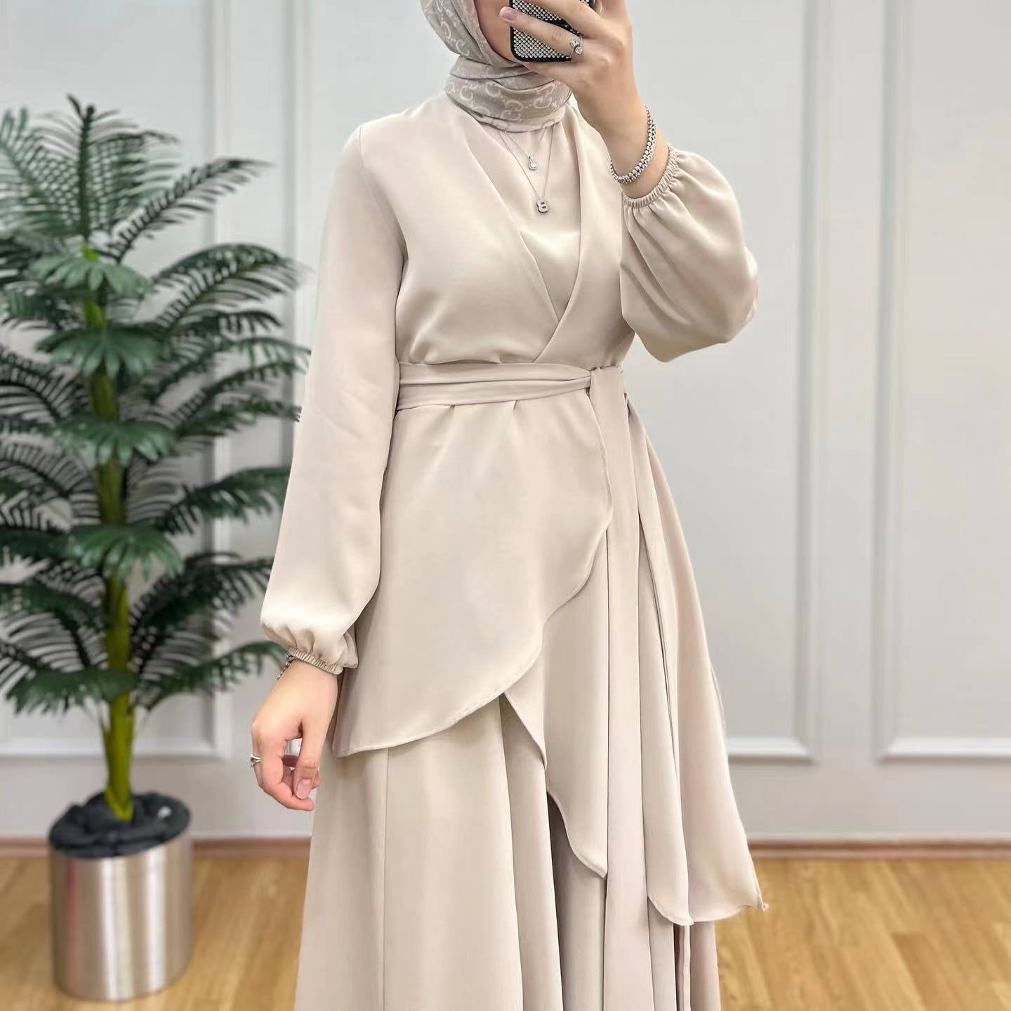 Wrap V-Neck Balloon Sleeve Tie-Waist Top & Wide-Leg Trousers Two-Piece Co-ord Set(MS517) - Mariam's Collection