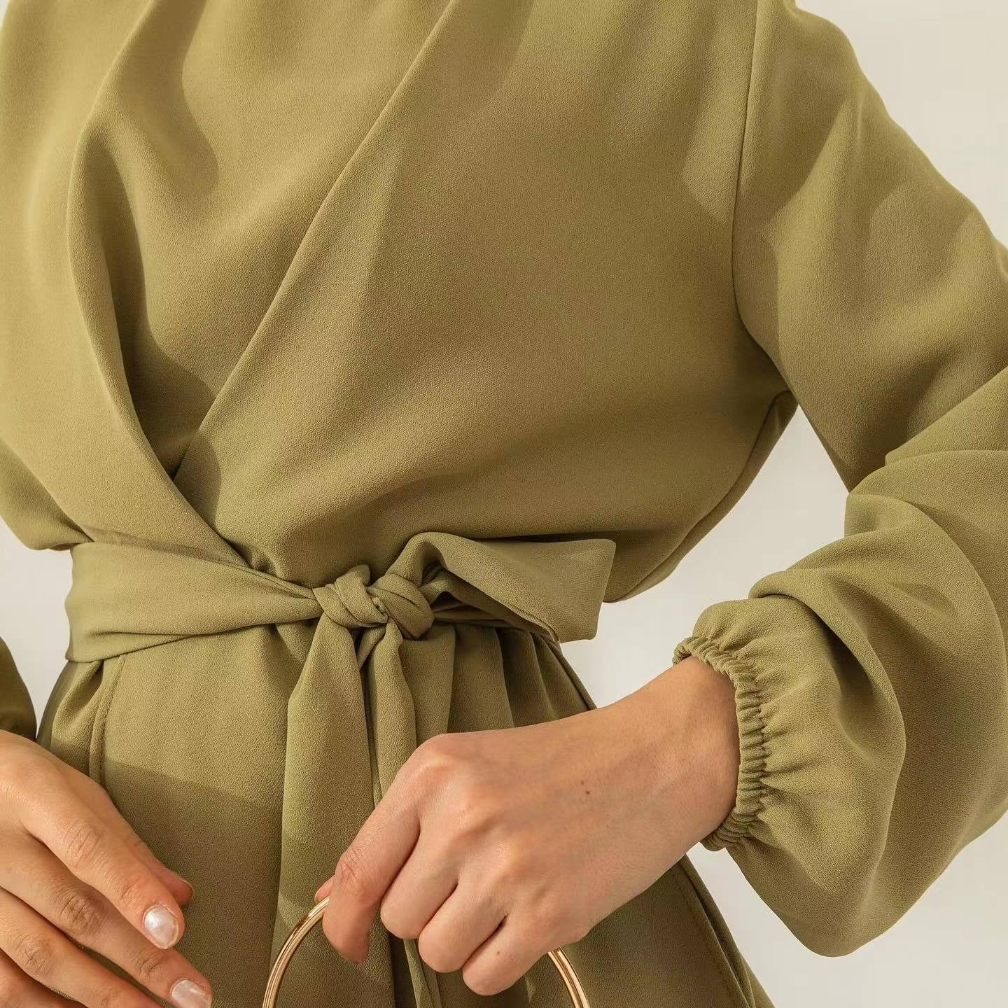 Wrap V-Neck Balloon Sleeve Tie-Waist Top & Wide-Leg Trousers Two-Piece Co-ord Set(MS517) - Mariam's Collection