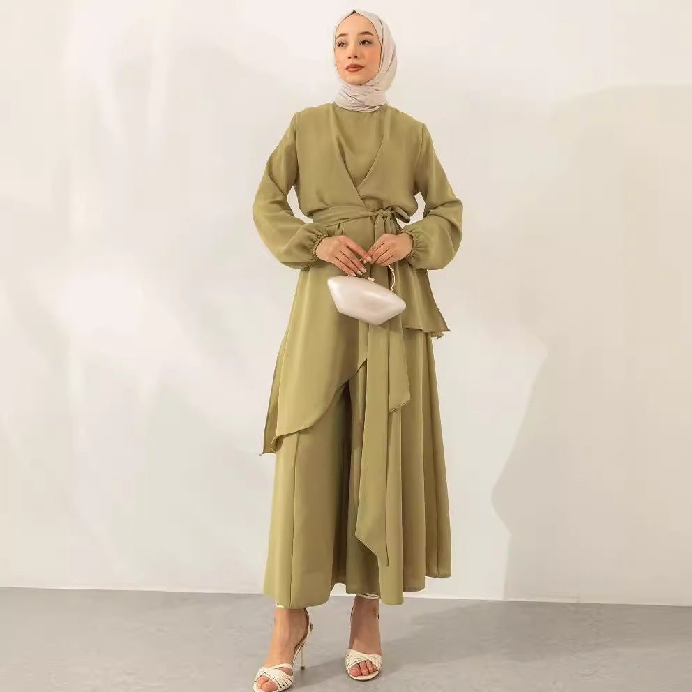 Wrap V-Neck Balloon Sleeve Tie-Waist Top & Wide-Leg Trousers Two-Piece Co-ord Set(MS517) - Mariam's Collection