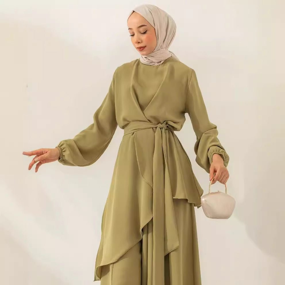 Wrap V-Neck Balloon Sleeve Tie-Waist Top & Wide-Leg Trousers Two-Piece Co-ord Set(MS517) - Mariam's Collection