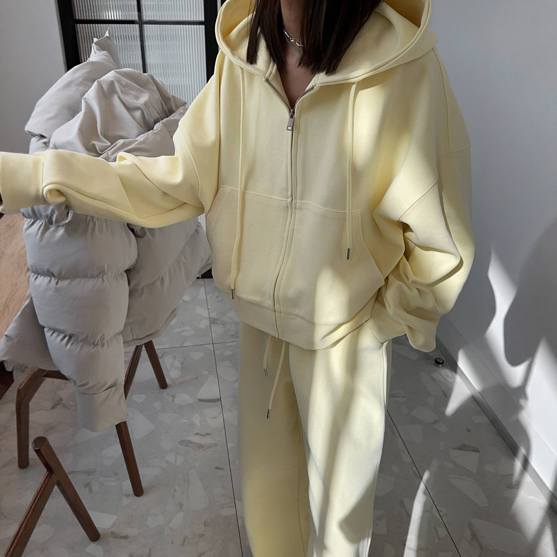 Zip-Up Hoodie & Wide-Leg Sweatpants Two-Piece Set(MS532) - Mariam's Collection