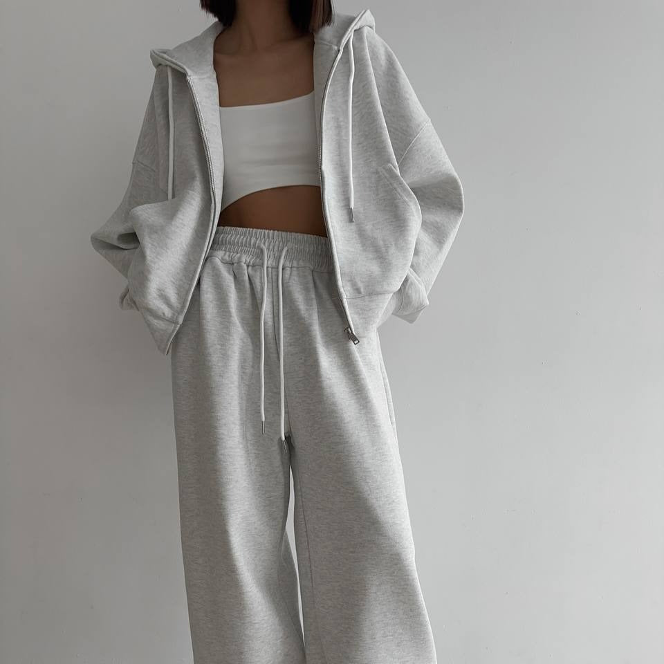 Zip-Up Hoodie & Wide-Leg Sweatpants Two-Piece Set(MS532) - Mariam's Collection